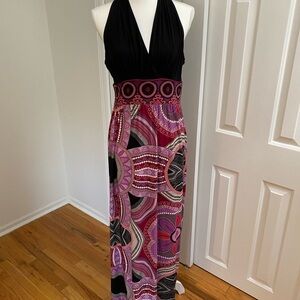 London Times Black and Purple Sleeveless Halter Maxi Dress for Cocktail